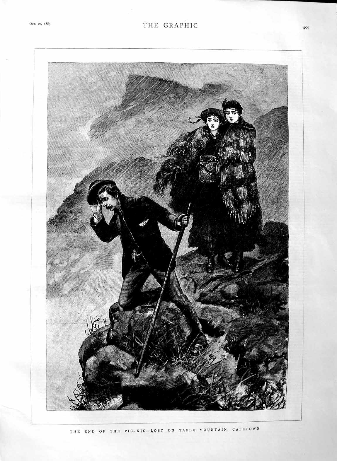 Original Old Antique Print 1883 Pic-Nic Table Mountain Capetown Africa Fine Art
