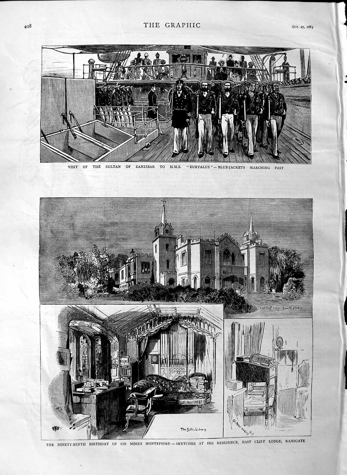 Original Old Antique Print 1883 Sultan Zanzibar Euryalus Ship Montefiore R 19th