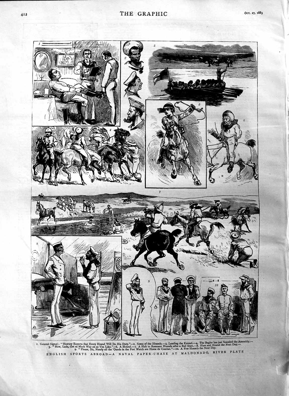 Old Antique Print 1883 English Sports Naval Paper Chase Maldonado River 19th