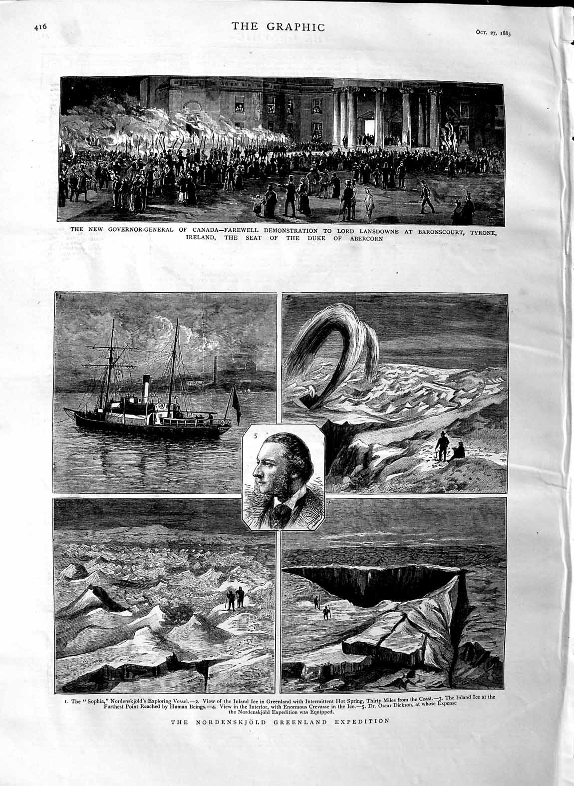 Original Old Antique Print 1883 NordenskjGreenland Expedition Dickson Abercorn