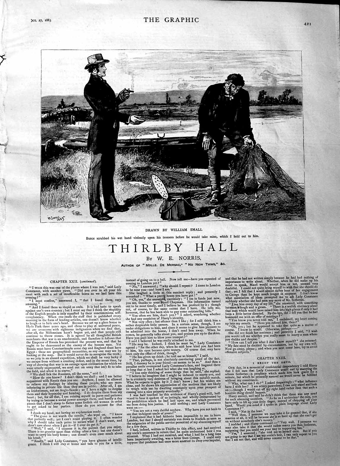 Old Antique Print 1883 Illustration Story Thirlby Hall Men Fishing Nets 19th