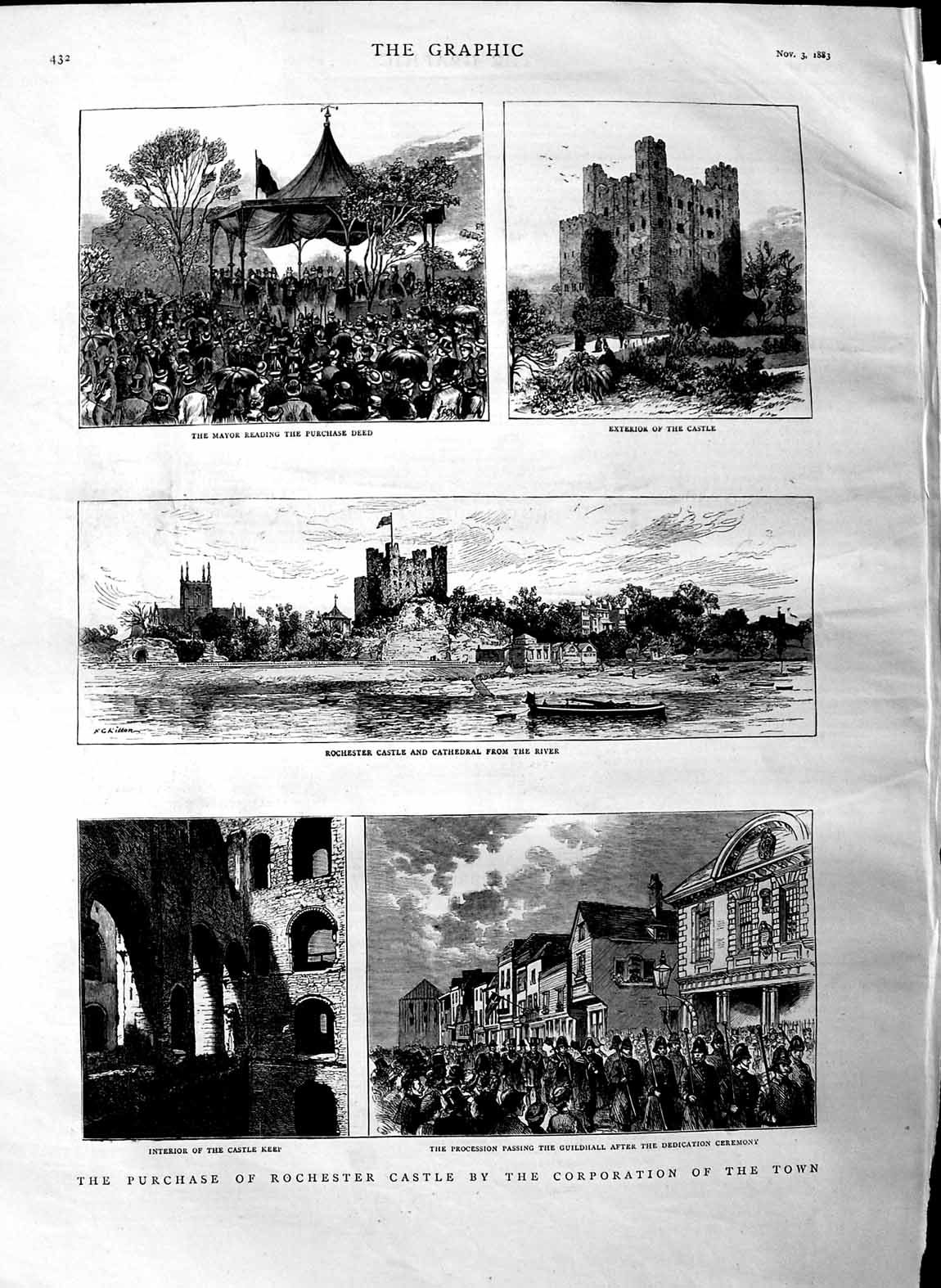 Original Old Antique Print 1883 Rochester Castle Mayor Cathedral Guildhall Keep