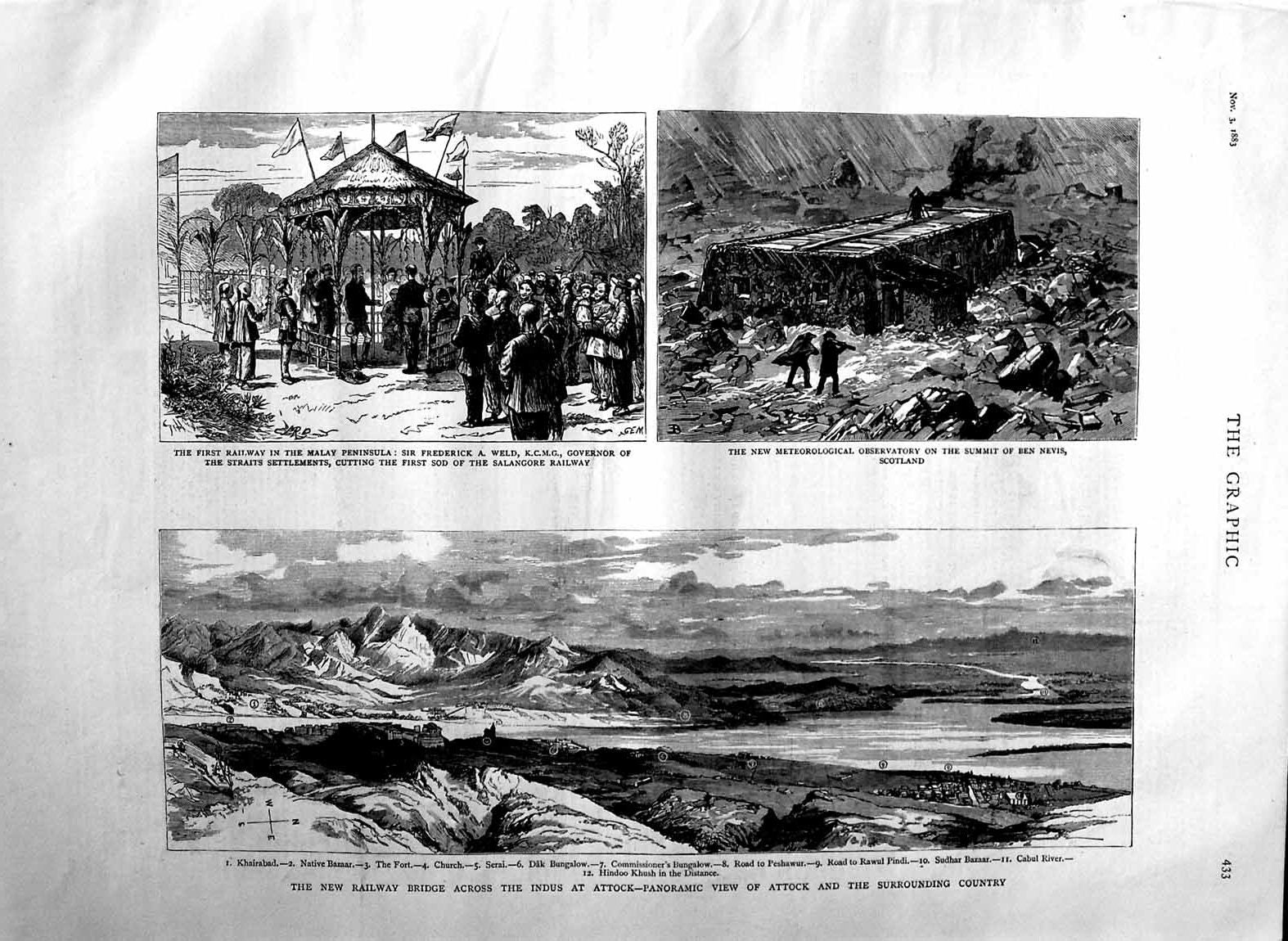 Old Antique Print 1883 Railway Bridge Indus Observatory Ben Nevis Malay 19th