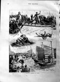 Original Old Antique Print 1883 Aquatic Sports Amoy Boats Chinese Sanp Victorian