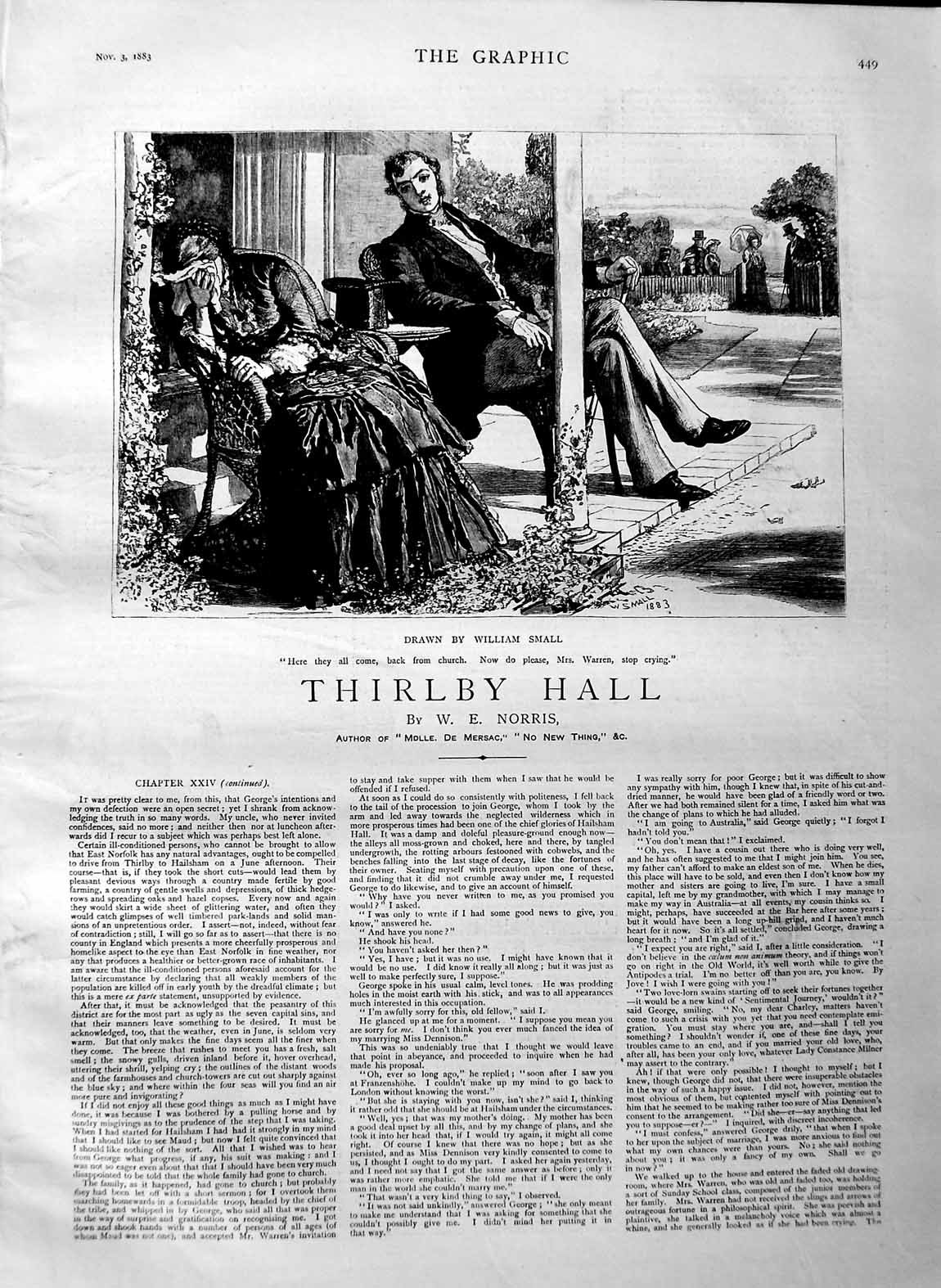 Old Antique Print 1883 Illustration Story Thirlby Hall Warren Man Norris 19th