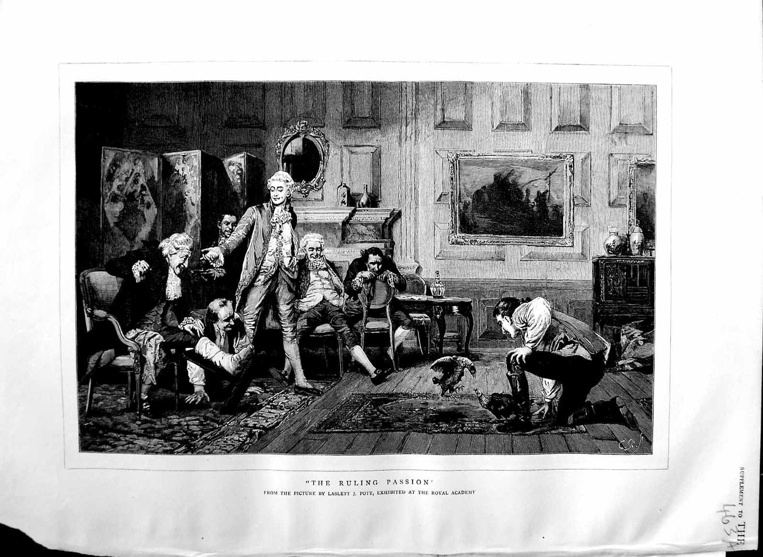 Old Antique Print 1883 Scene Birds Fighting House Men Laslett Pott Art 19th