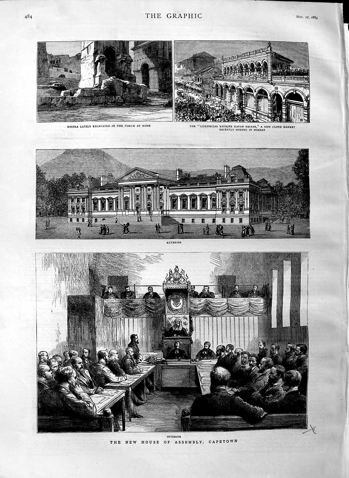 Old Antique Print 1883 House Assmebly Capetown Africa Rostra Kapad Bazaar 19th