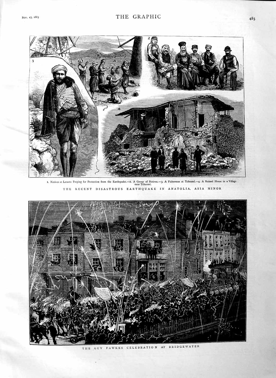 Original Old Antique Print 1883 Earthquake Anatolia Asia Guy Fawkes Brid 19th