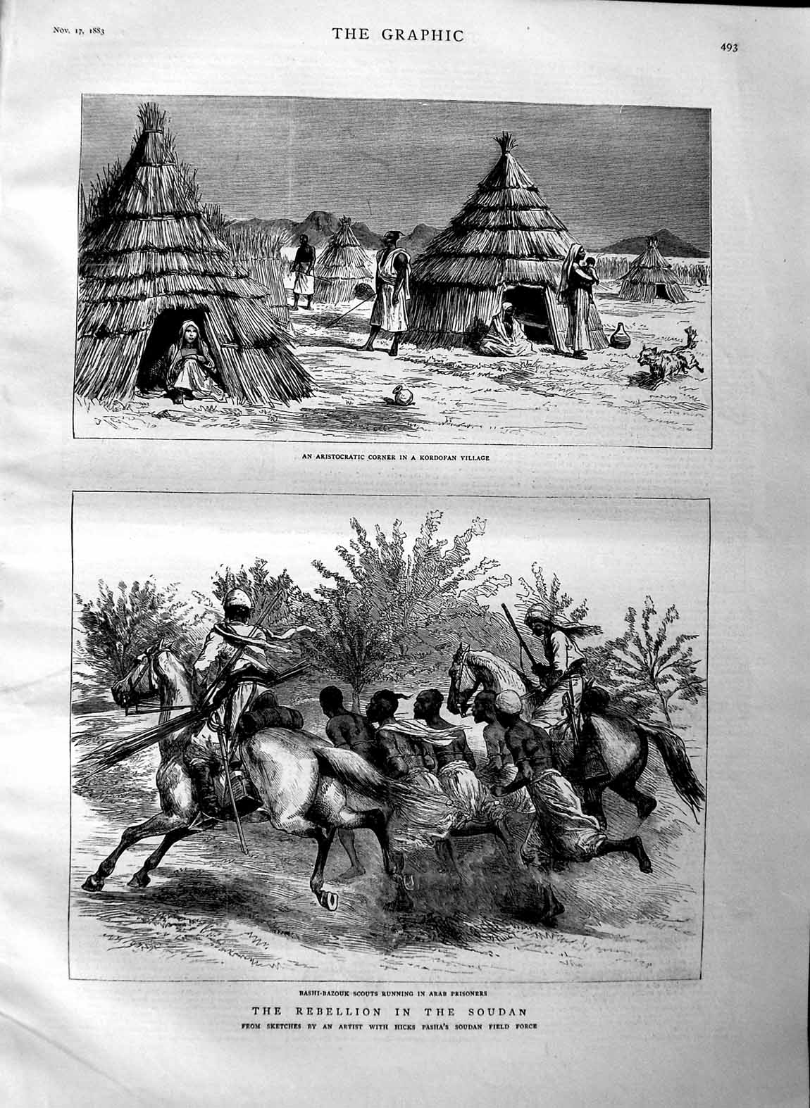 Original Old Antique Print 1883 War Soudan Bashi-Bazouk Scouts Kordofan Village