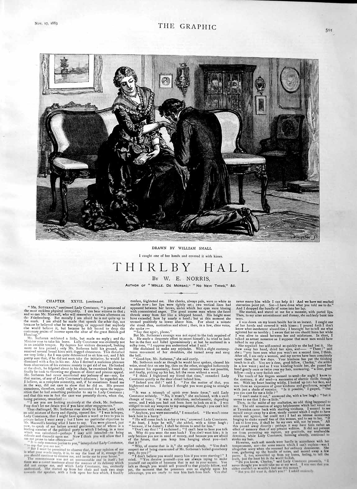 Old Antique Print 1883 Illustration Story Thirlby Hall Romance Man Lady 19th