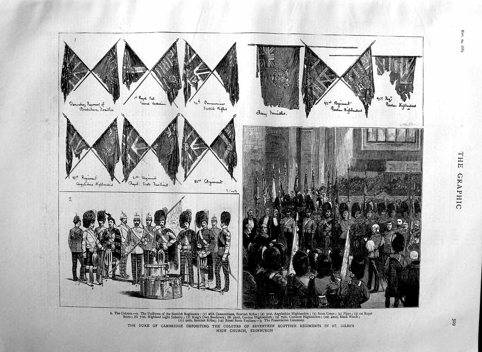 Old Antique Print 1883 Duke Cambridge Giles Church Edinburgh Flags Army 19th
