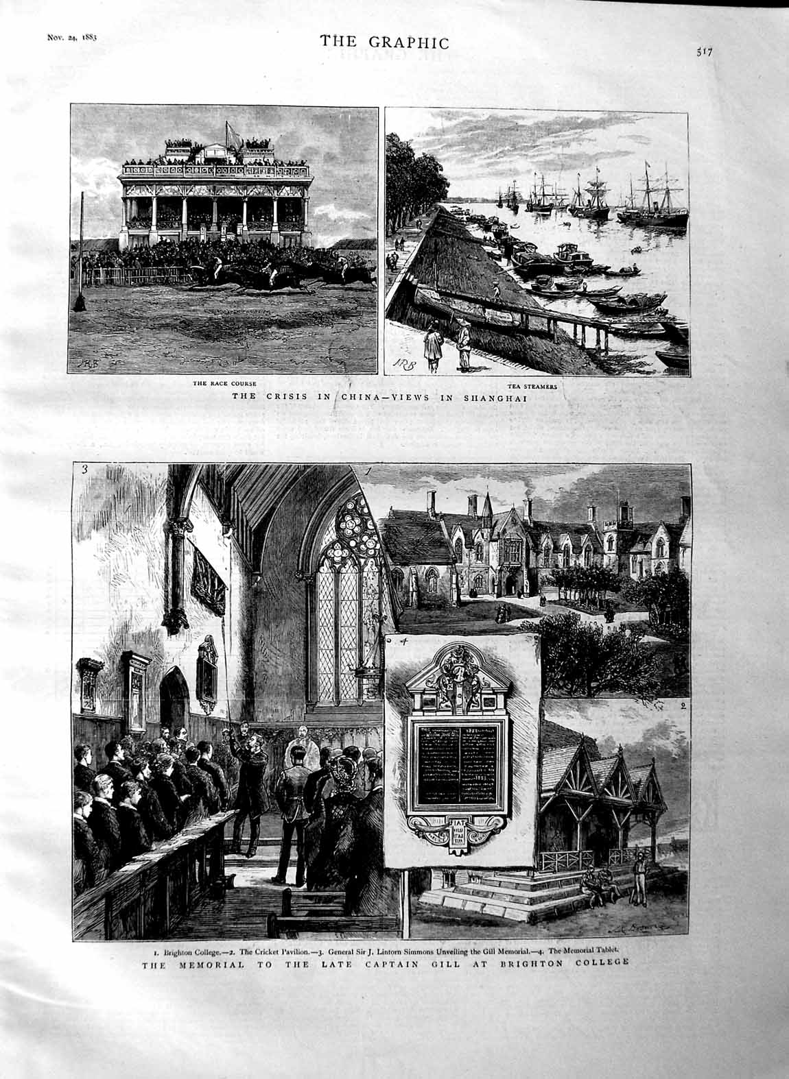 Original Old Antique Print 1883 Memorial Captain Gill Brighton College Chin 19th