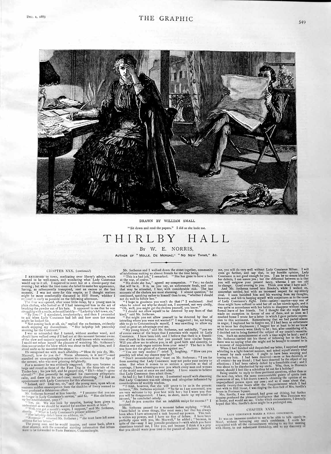 Original Old Antique Print 1883 Illustration Story Thirlby Hall Norris Fine Art