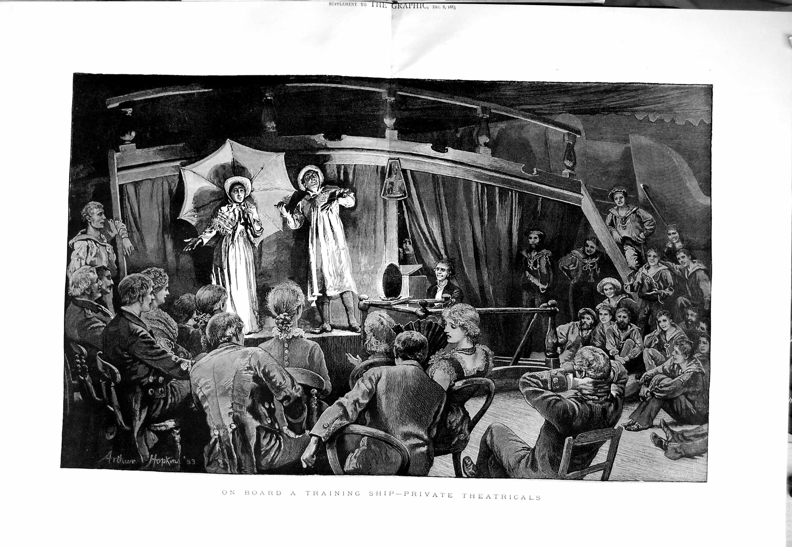 Old Antique Print 1883 Training Ship Private Theatricals Stage War Art 19th