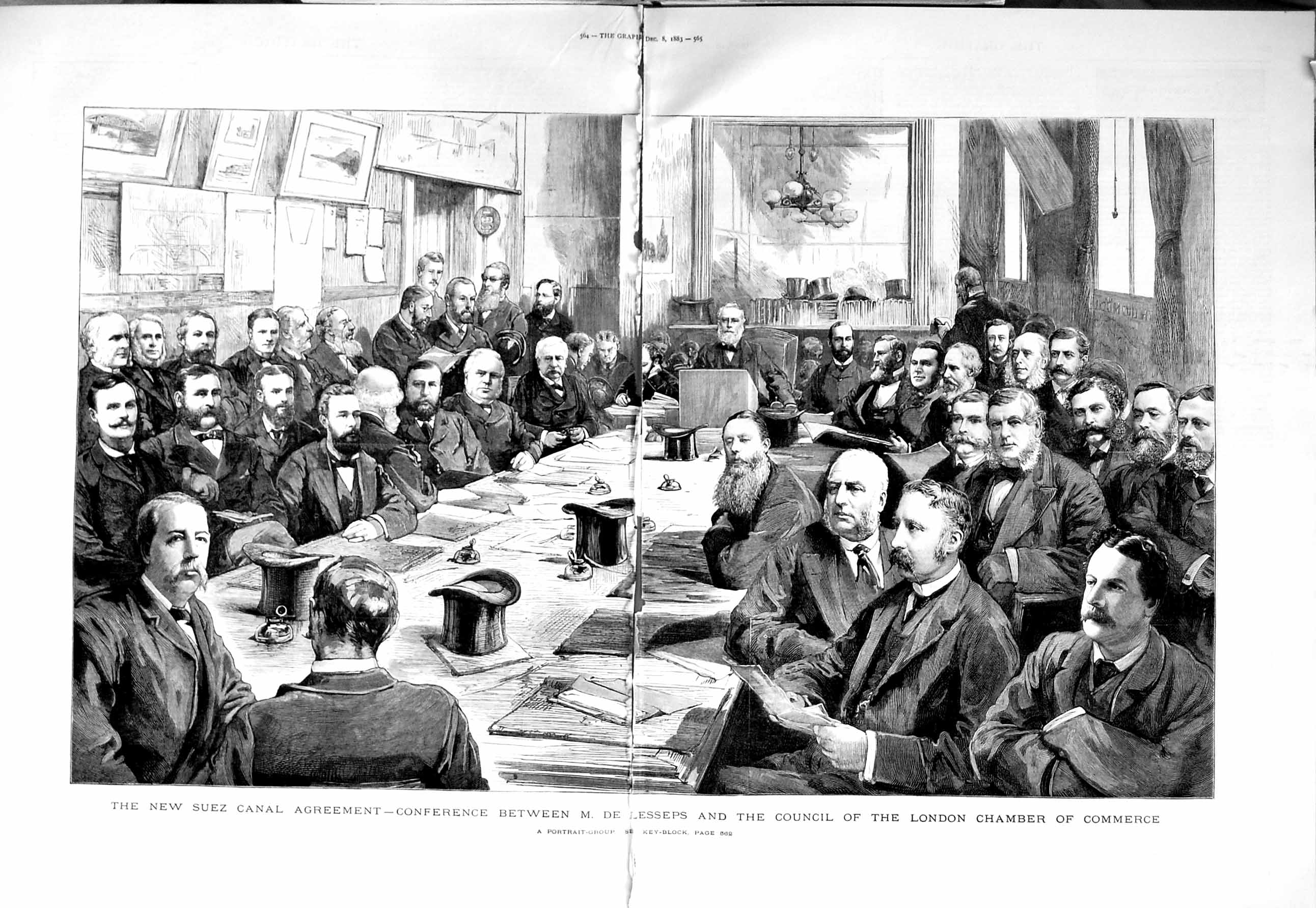 Antique Old Print 1883 Suez Canal Lesseps Council London Chamber Commerce 19th