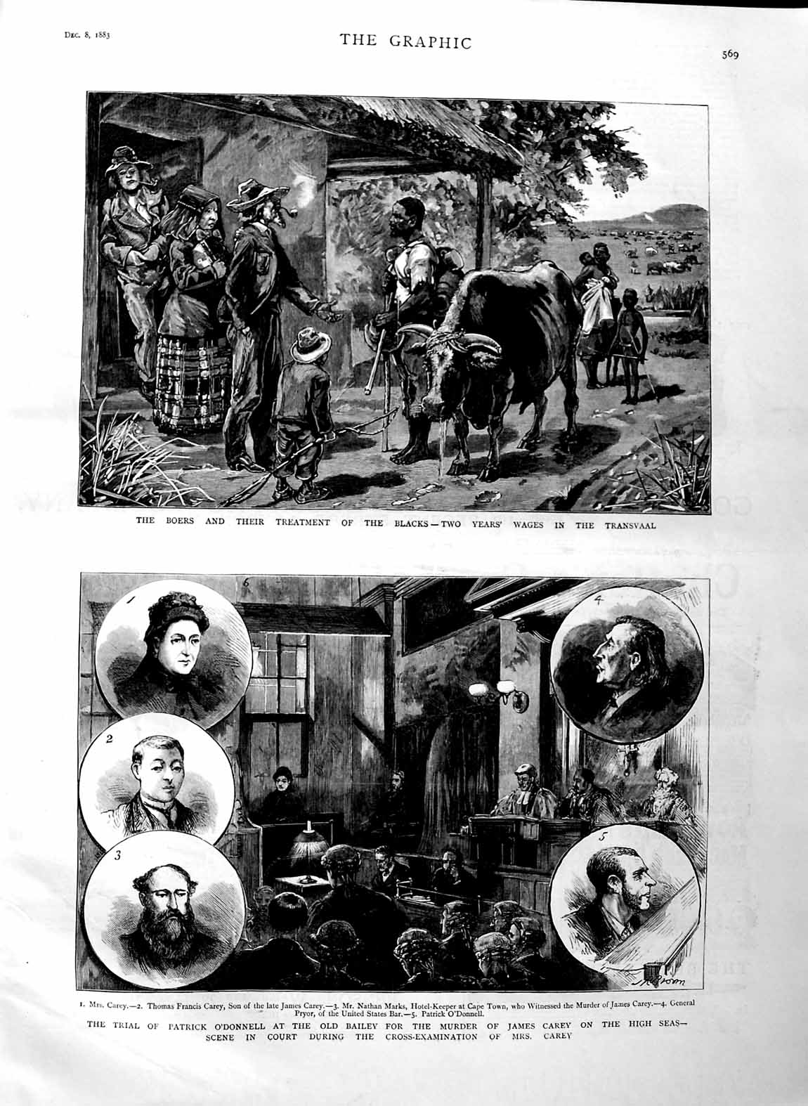 Original Old Antique Print 1883 O'Donnell Bailey Court Carey Boers Transvaal