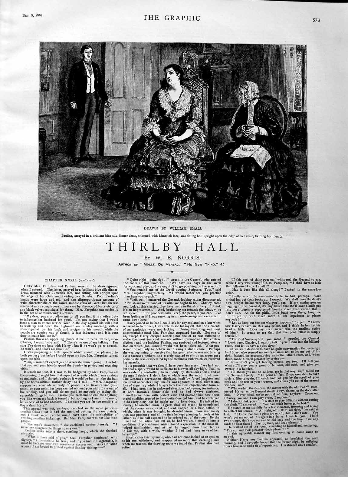 Original Old Antique Print 1883 Illustration Story Thirlby Hall Paulina Romance