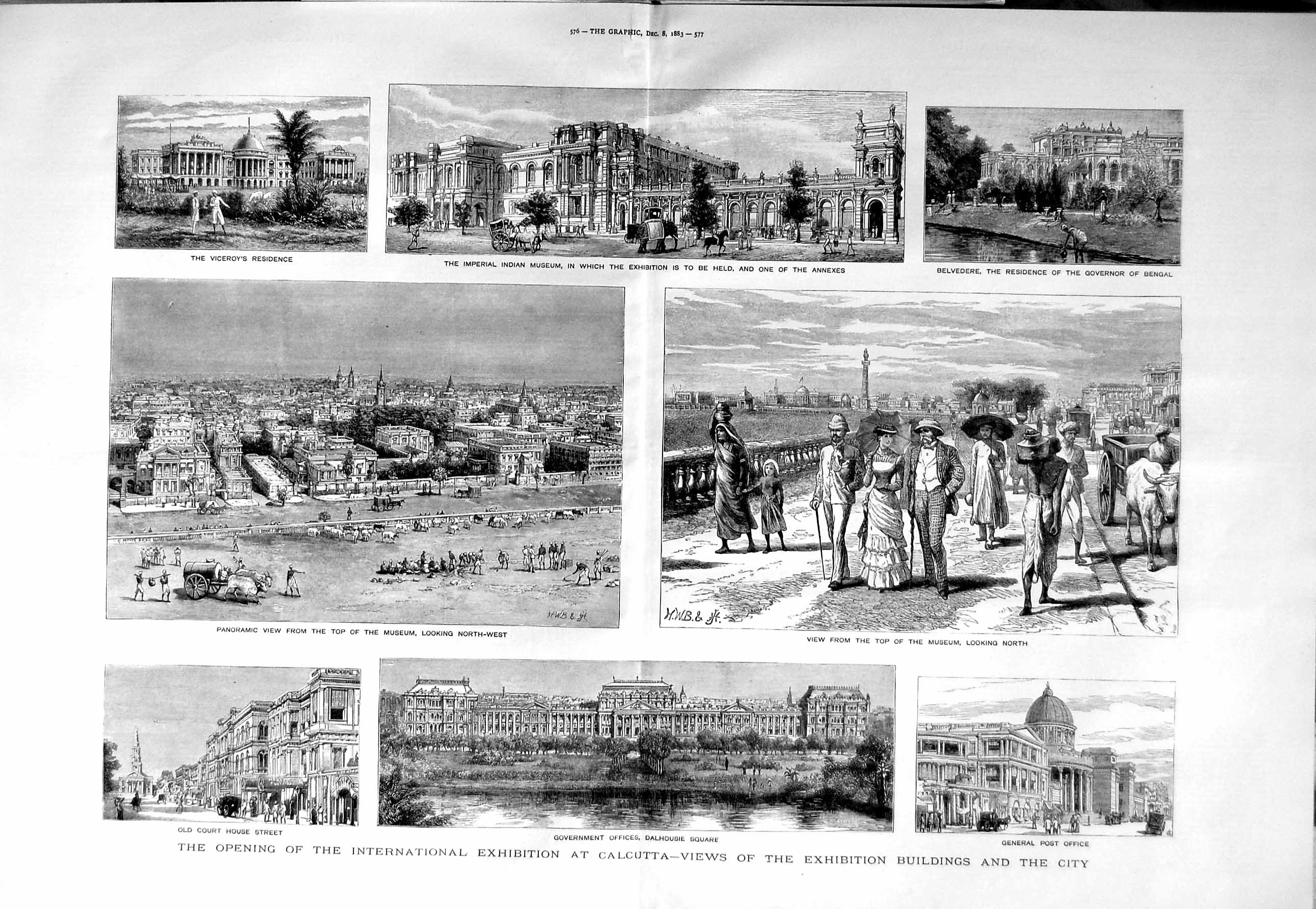 Original Old Antique Print 1883 Calcutta Indian Museum Dalhousie Vicero 19th