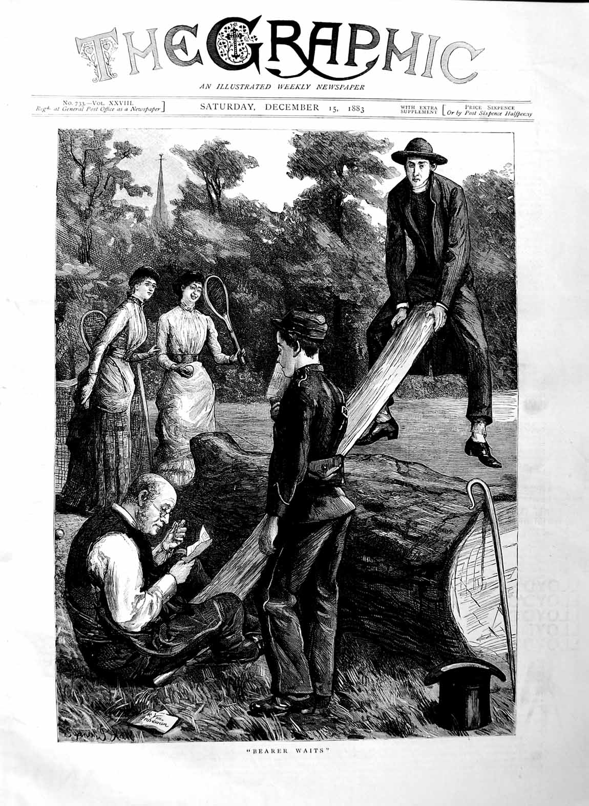 Original Old Antique Print 1883 Fine Art Men Women Tennis See-Saw Games 19th