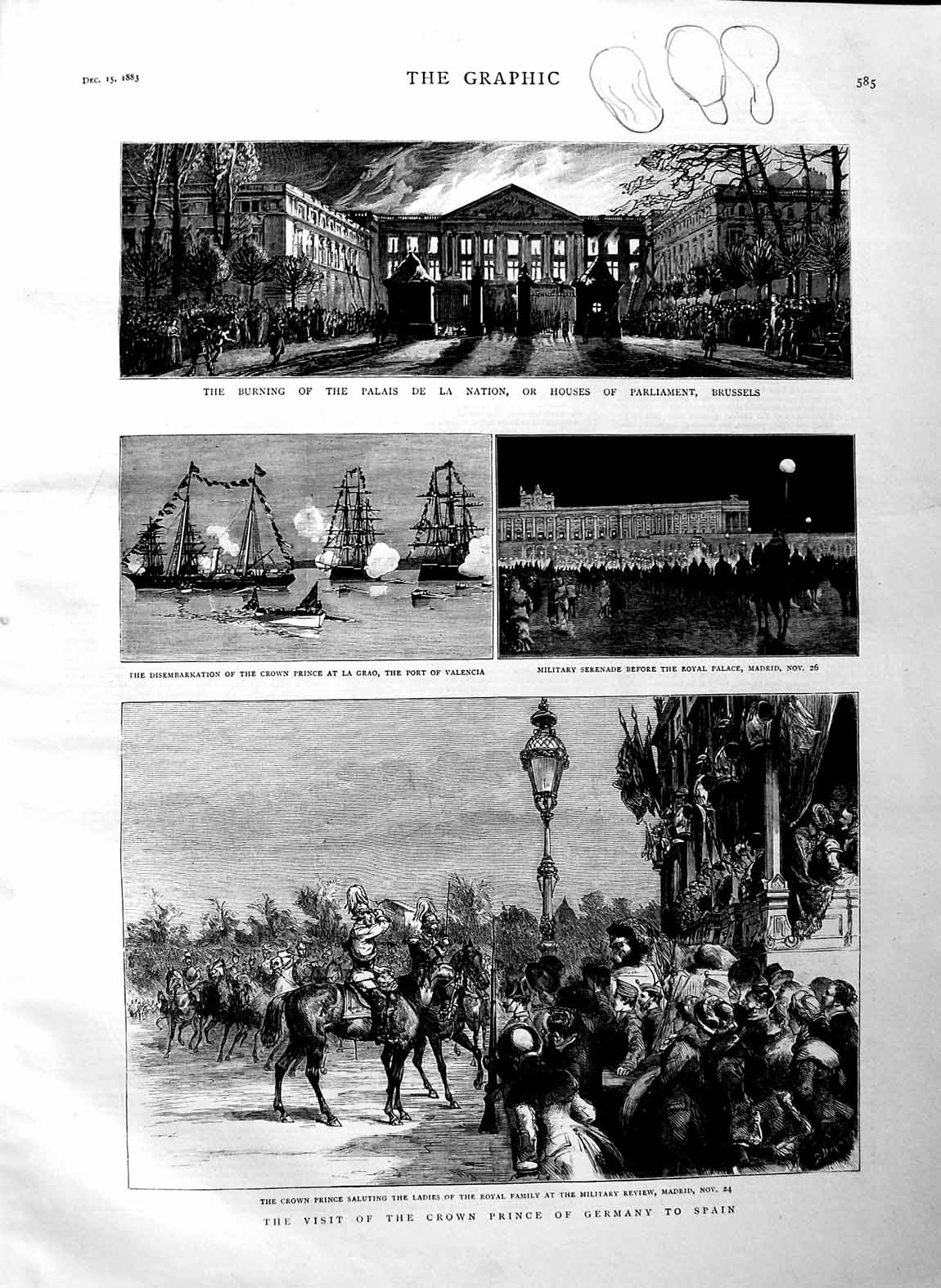 Original Old Antique Print 1883 Crown Prince Germany Spain Parliament Brussels