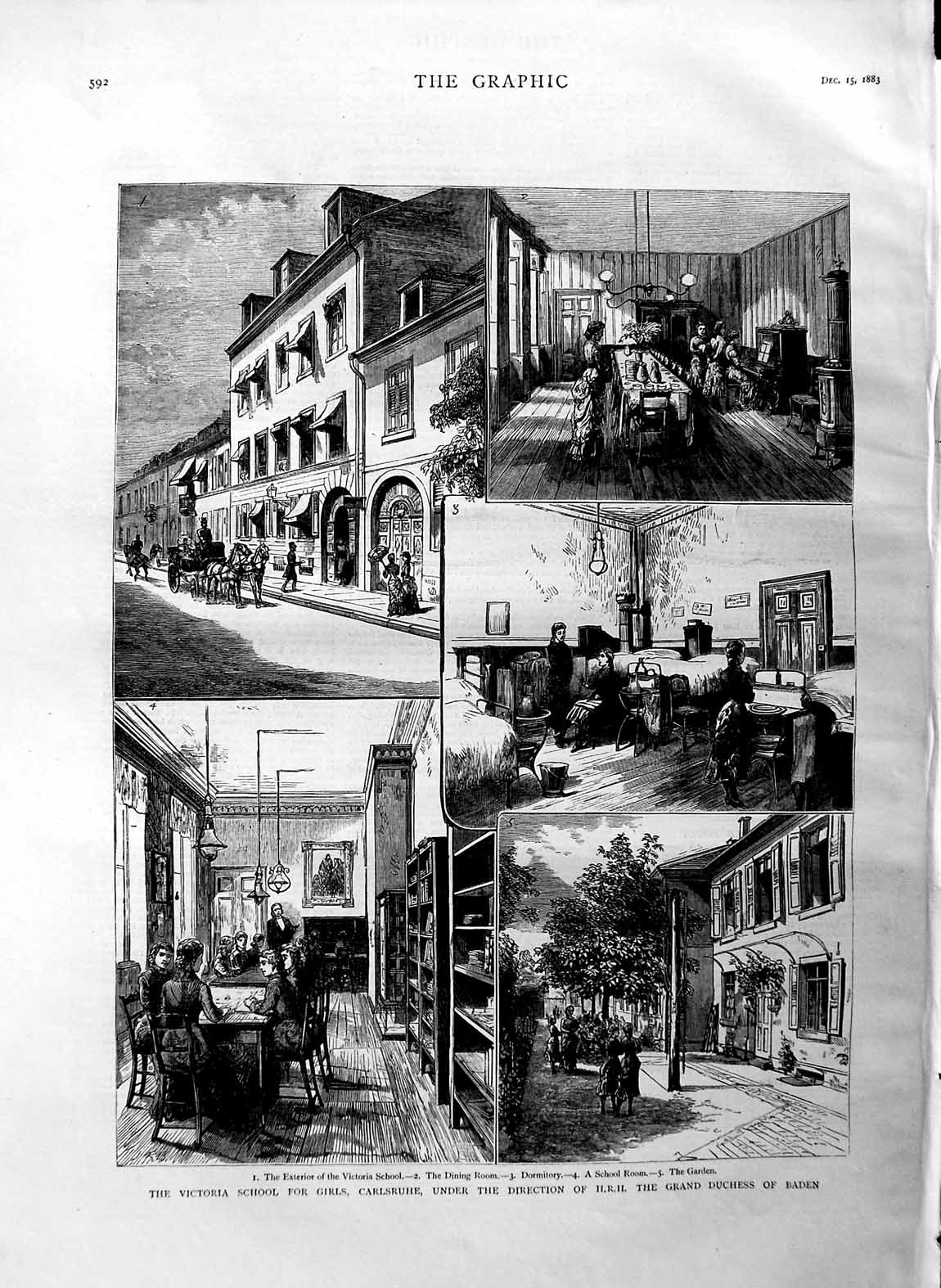 Original Old Antique Print 1883 Victoria Girls School Carlsruhe Duchess Baden