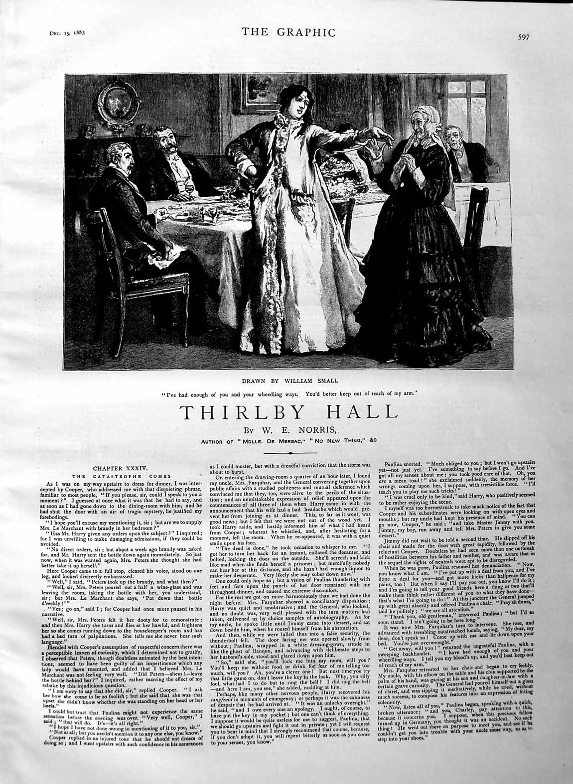 Old Antique Print 1883 Illustration Story Thirlby Hall Ladies Men Norris 19th