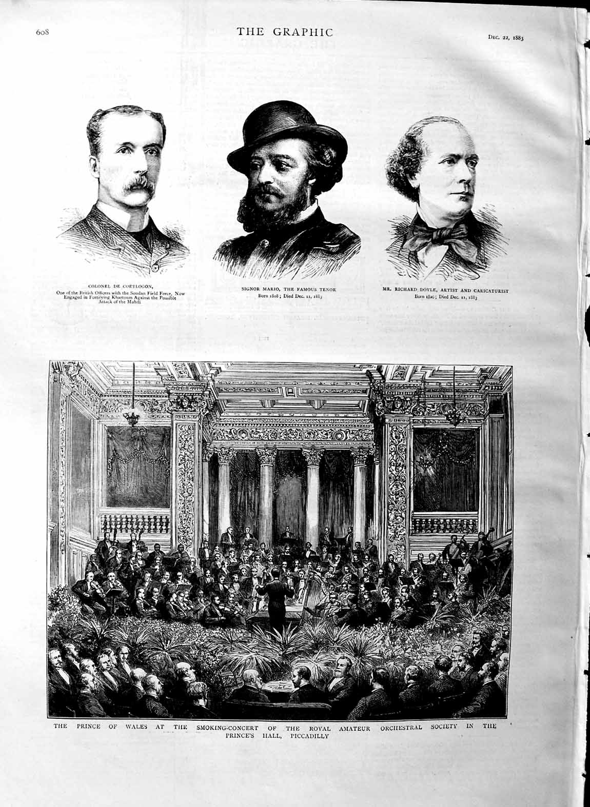 Original Old Antique Print 1883 Prince Wales Piccadilly Smoking-Concer Victorian