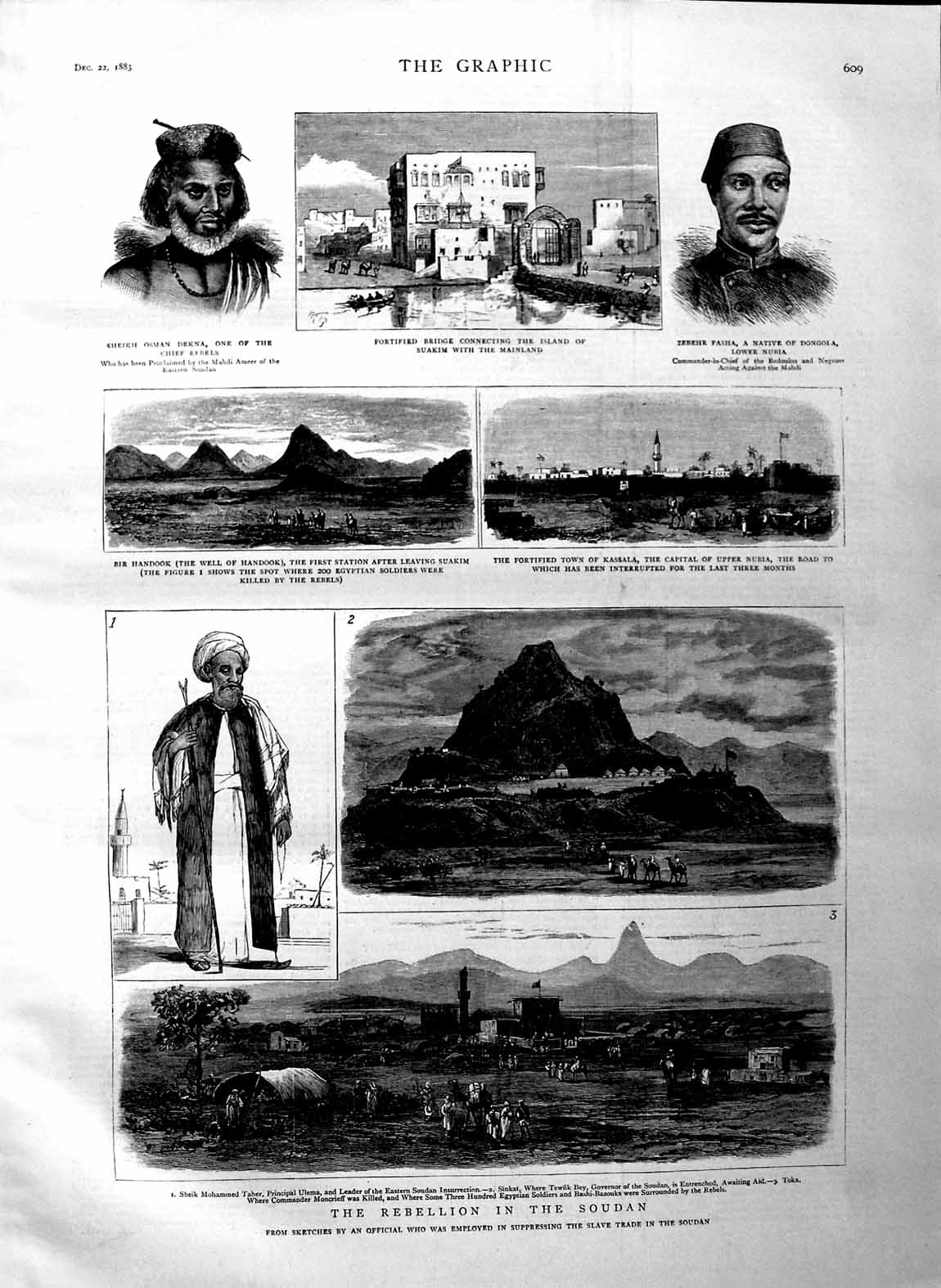 Original Old Antique Print 1883 Soudan War Bridge Suakim Handook Kassala Fort