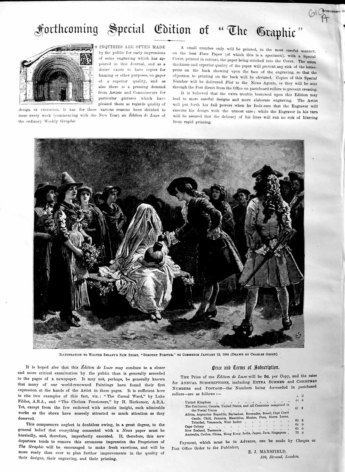 Old Antique Print 1883 Dorothy Forster Walter Besant Illustration Green 19th