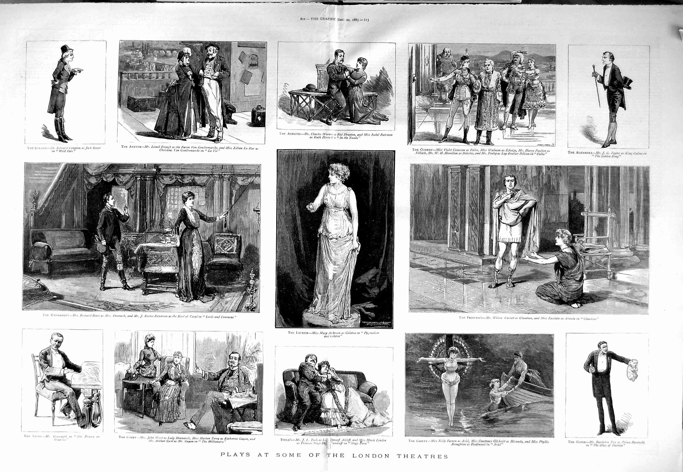 Original Old Antique Print 1883 London Theatre Lyceum Toole Gaiety Globe 19th