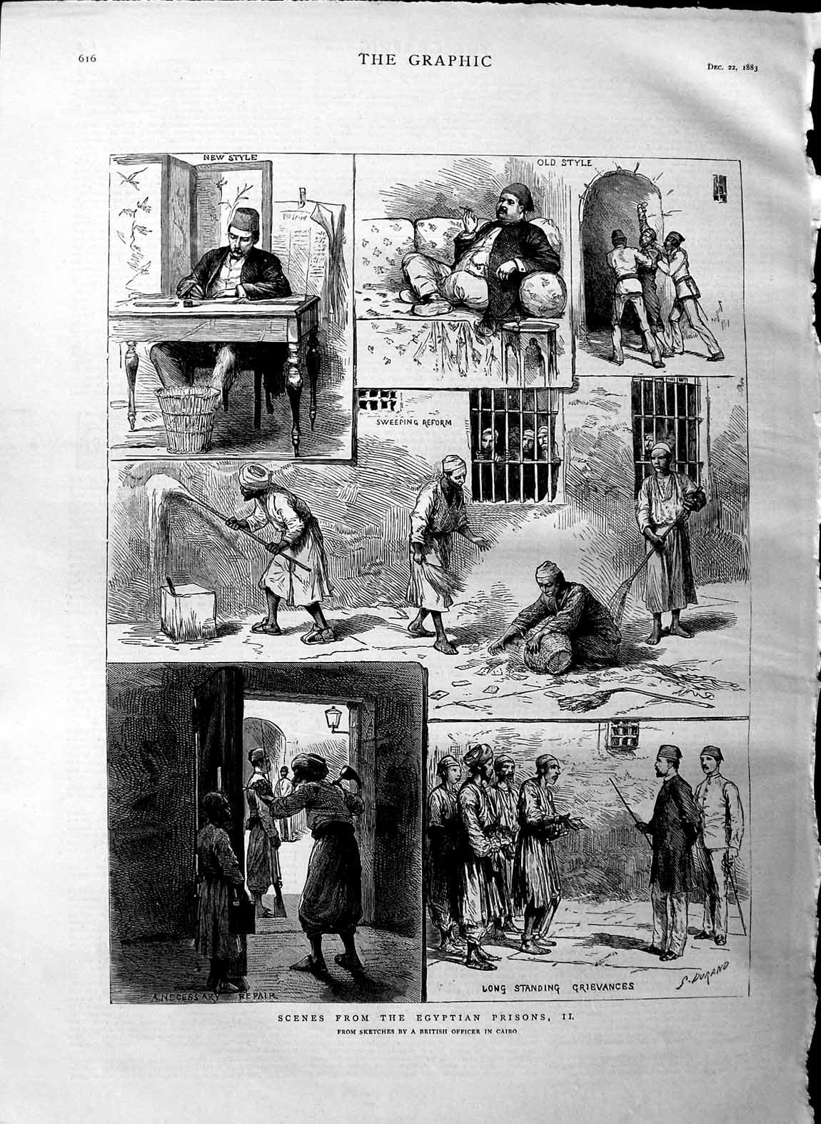 Original Old Antique Print 1883 Egypt Prison Prisoners Sweeping Cairo Victorian