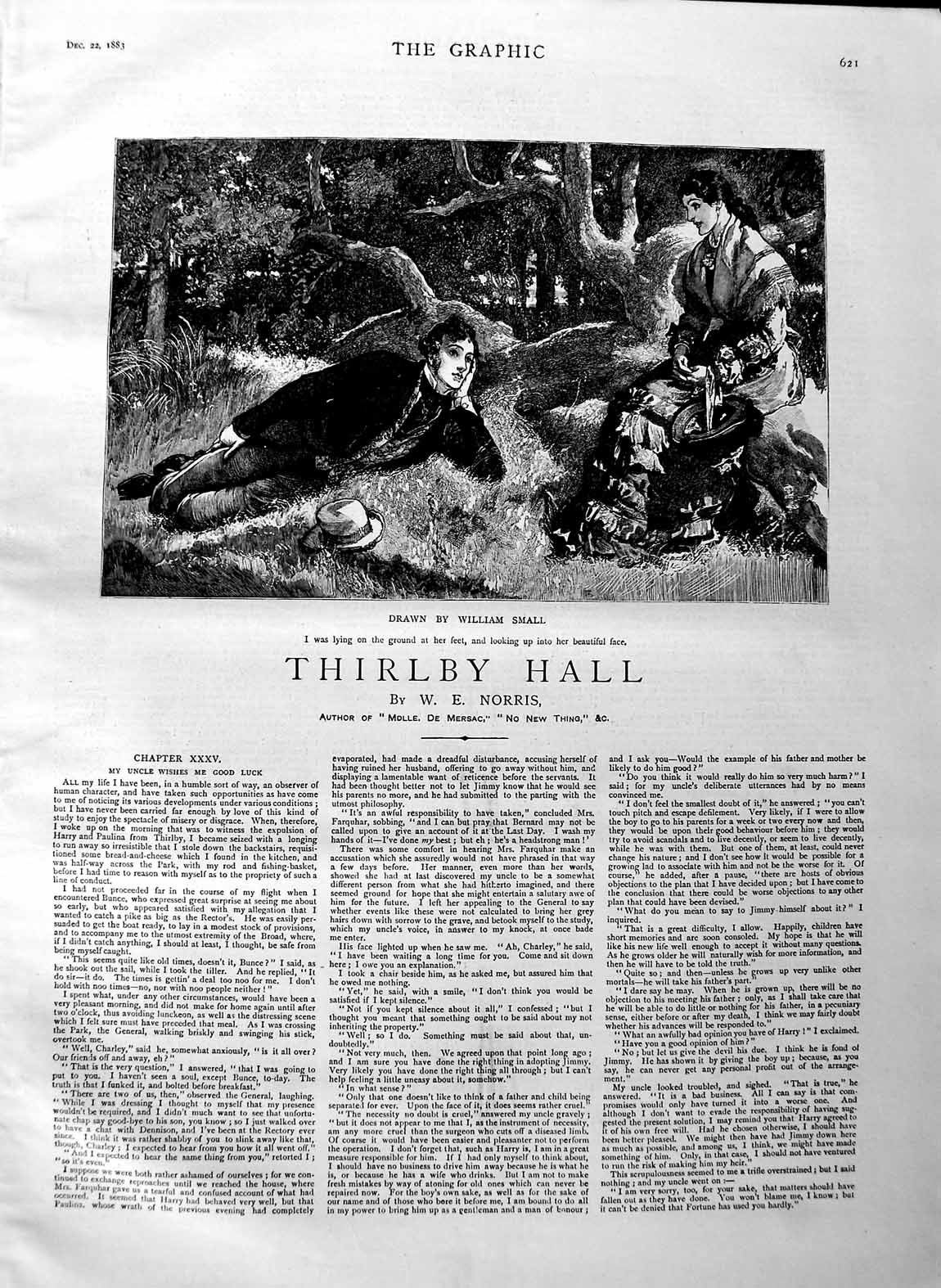 Original Old Antique Print 1883 Illustration Story Thirlby Hall Norris Romance
