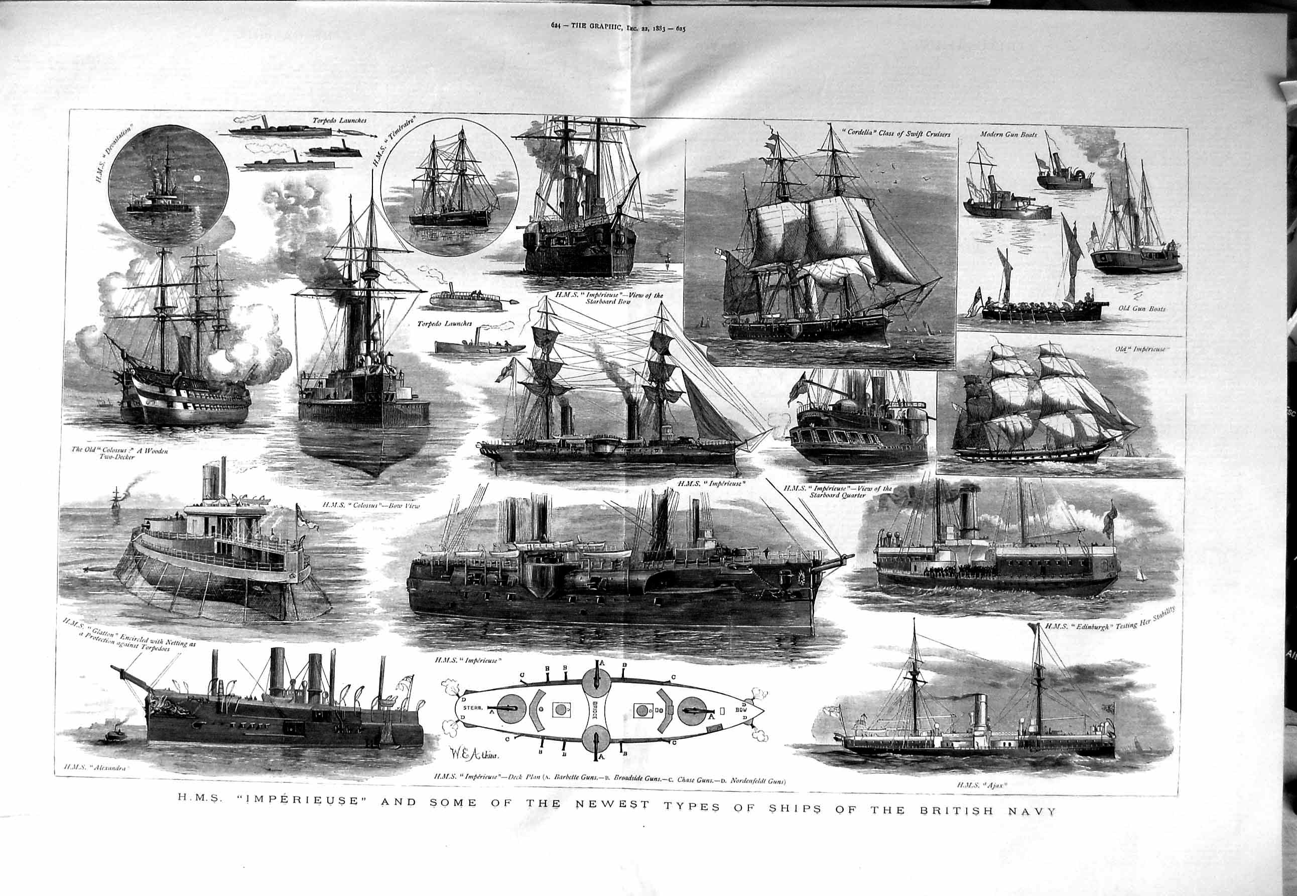 Old Antique Print 1883 Ship H.M.S Imperieuse British Navy Ajax Edinburgh 19th