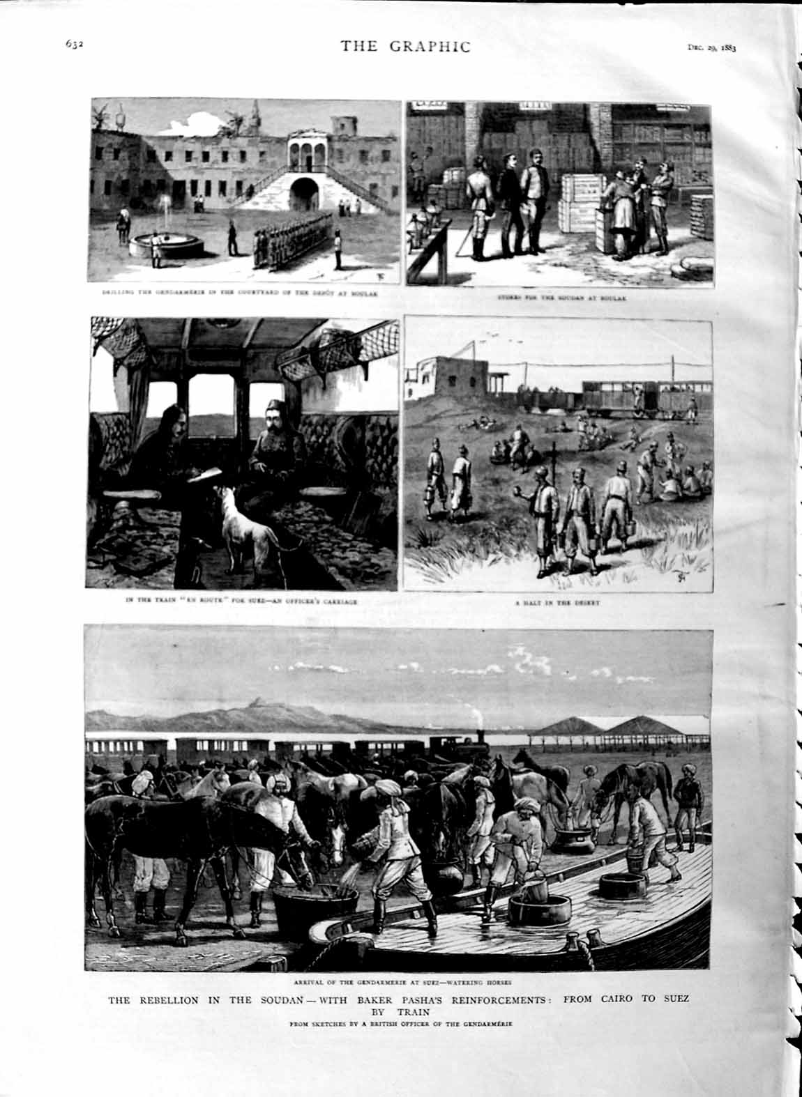 Old Antique Print 1883 War Soudan Baker Pasha Suez Watering Horses Boulak 19th