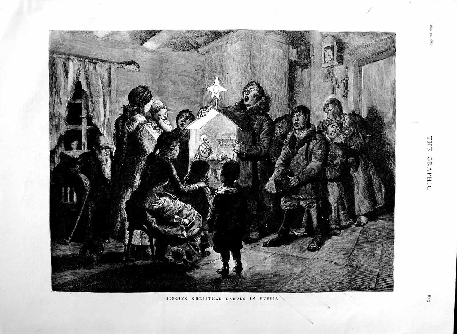 Original Old Antique Print 1883 Scene Singing Christmas Carols Russia Children