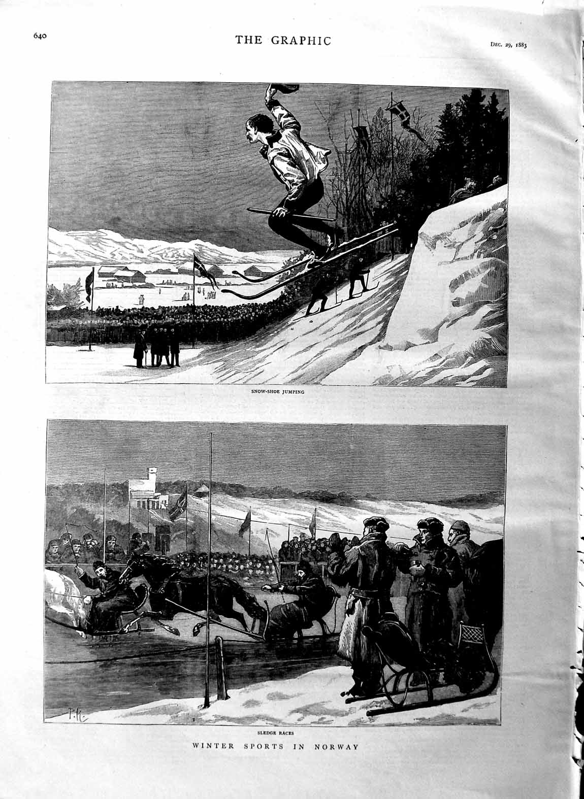 Original Old Antique Print 1883 Winter Sports Norway Sledge Races Snow Jumping