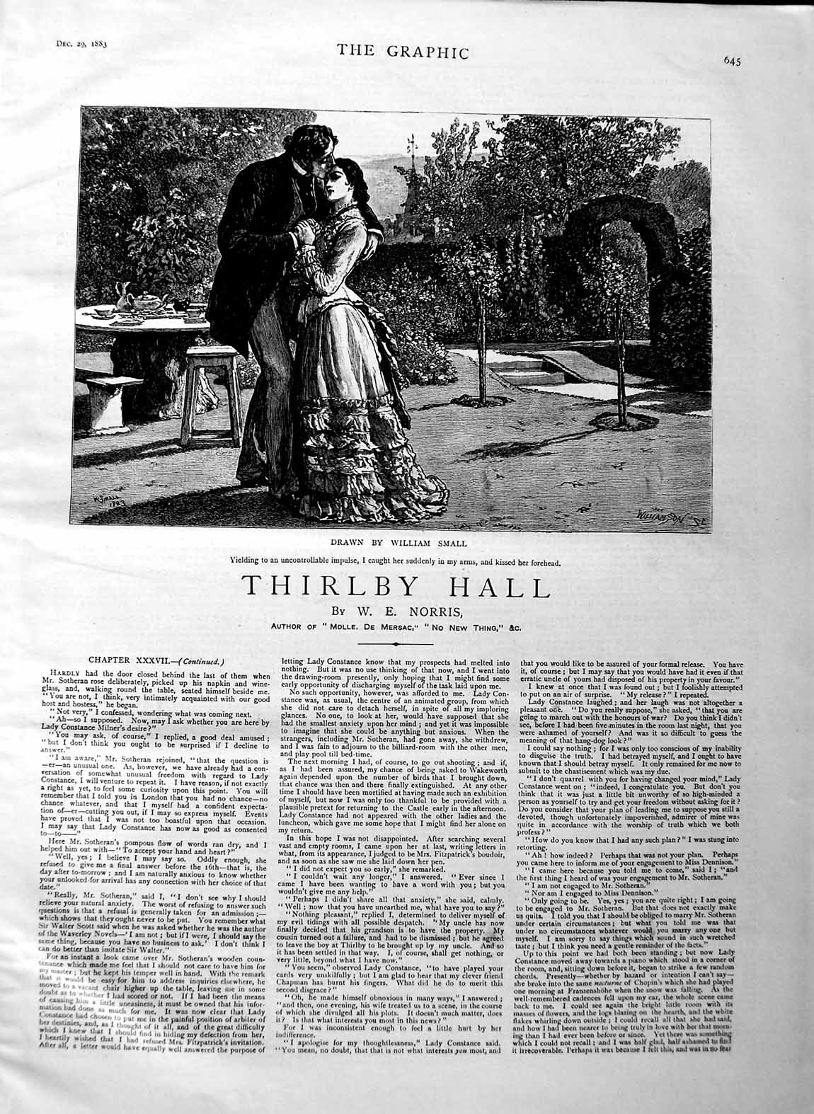 Original Old Antique Print 1883 Illustration Story Thirlby Hall Romance Norris