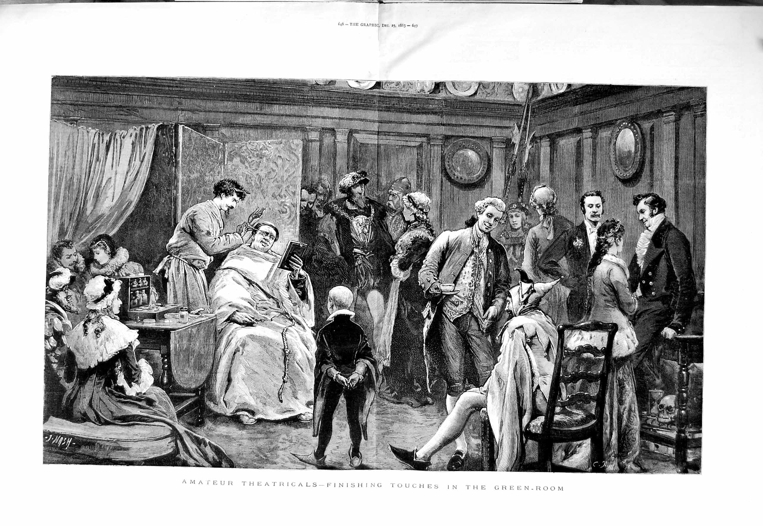 Original Old Antique Print 1883 Amateur Theatre Green Room Scene Fine Art 19th