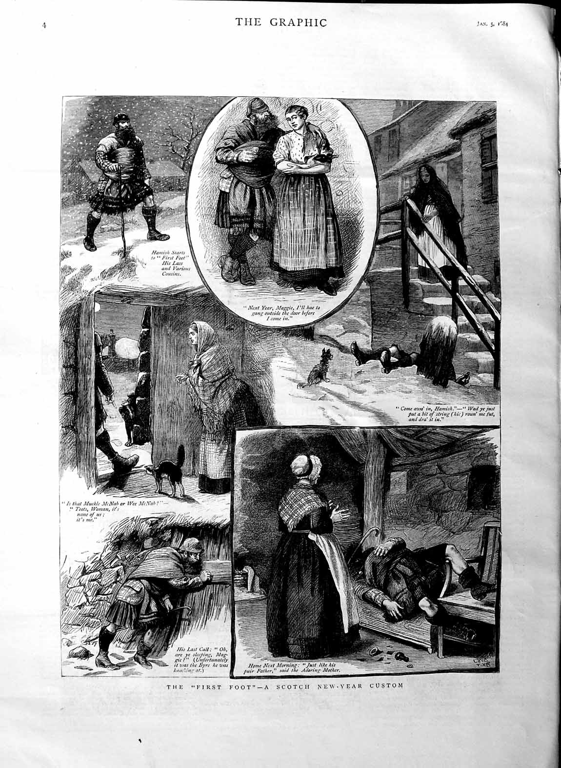 Old Antique Print 1884 Scotland New Year Custom First Foot Snow Kilt Man 19th