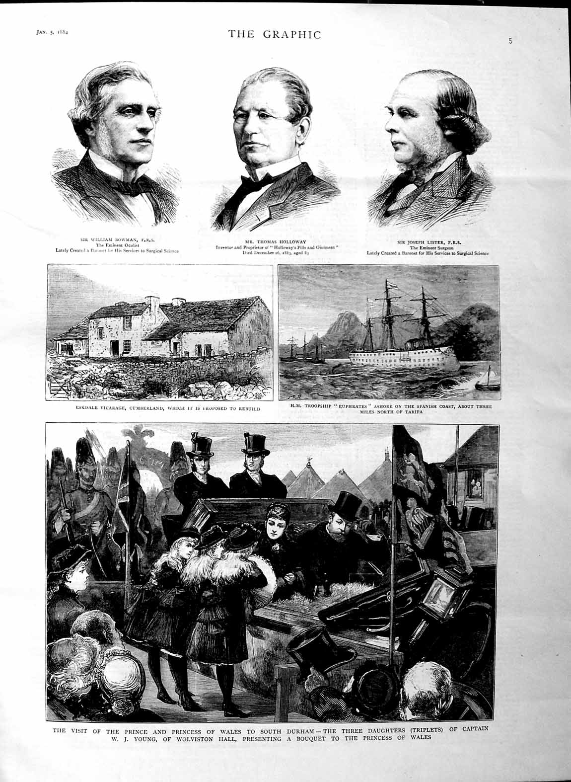 Old Antique Print 1884 Prince Wales Durham Eskdale Vicarage Ship Bowman 19th