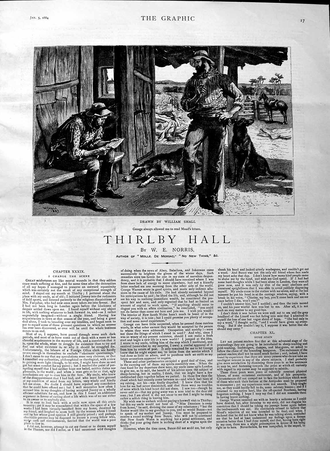 Old Antique Print 1884 Illustration Story Thirlby Hall Men Letters Norris 19th