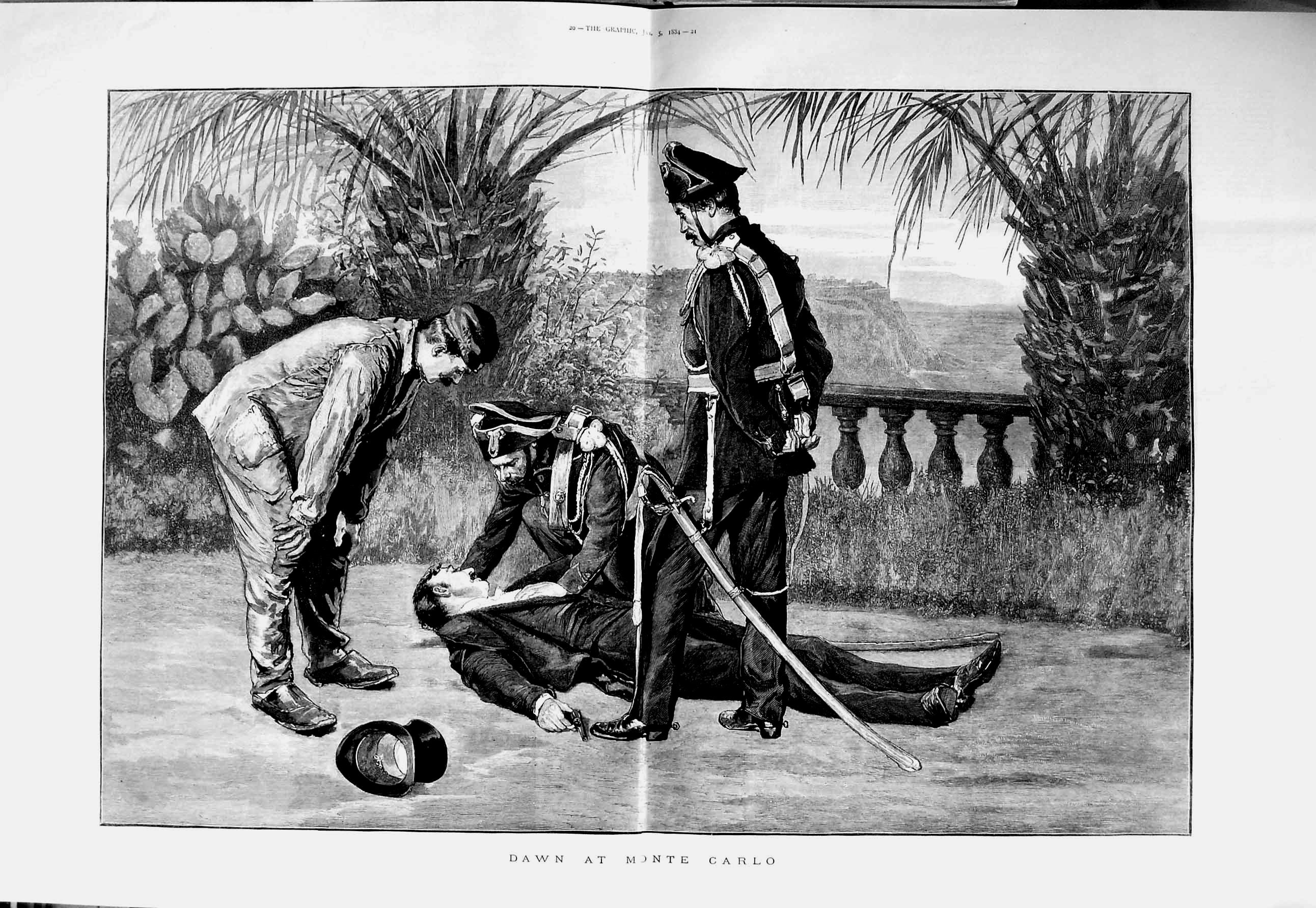 Original Old Antique Print 1884 Dead Man Monte Carlo Duel Uniform Fine Art 0
