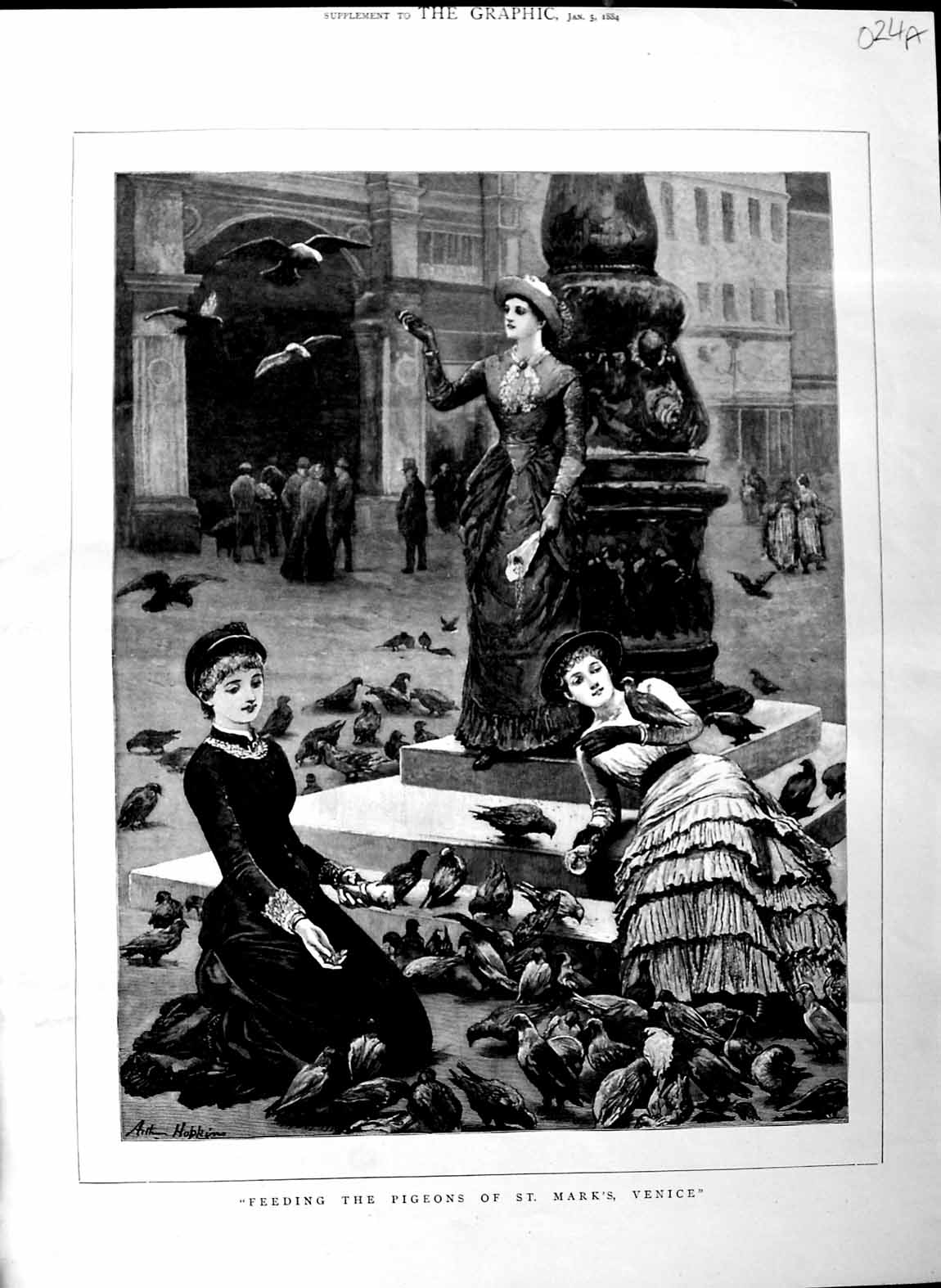 Original Old Antique Print 1884 Fine Art Feeding Pigeons St. Mark'S Venice 0