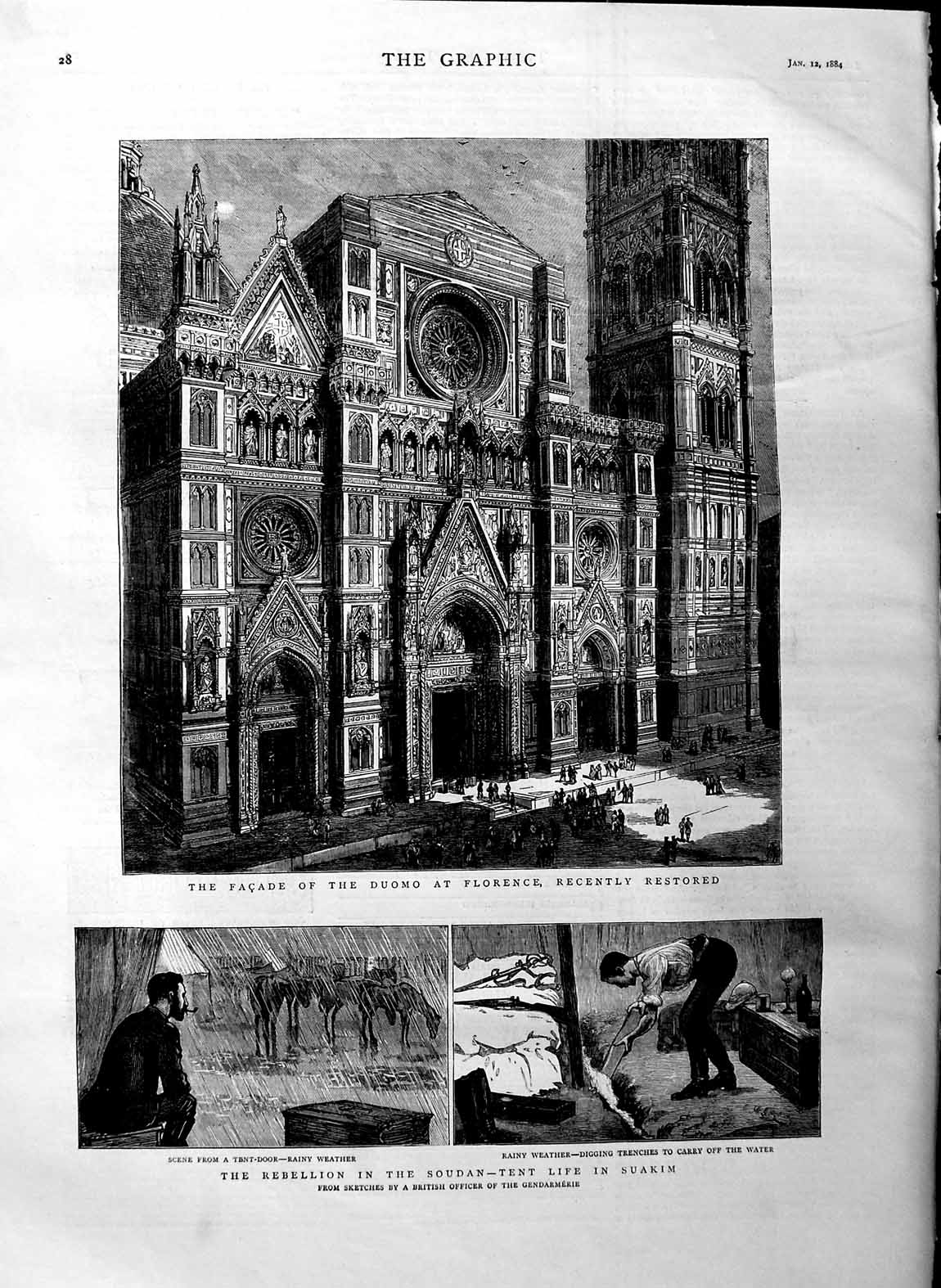 Old Antique Print 1884 Architecture Duomo Florence Soudan Tent Suakim War 19th