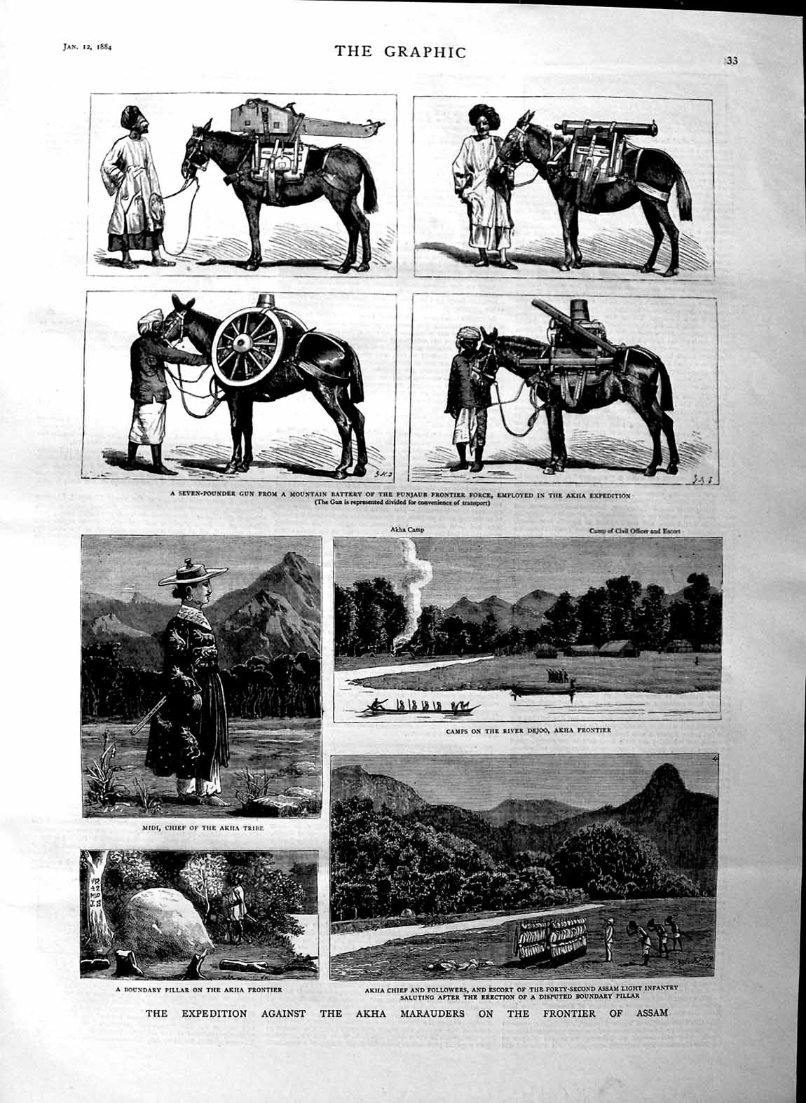 Original Old Antique Print 1884 Mountain Battery Punjaub Akha War Assam Mid 19th