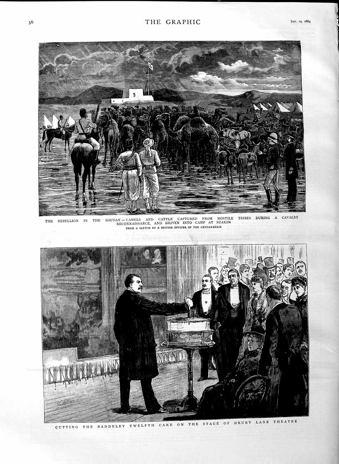 Old Antique Print 1884 Drury Lane Theatre Baddeley Soudan Suakim Camp War 19th