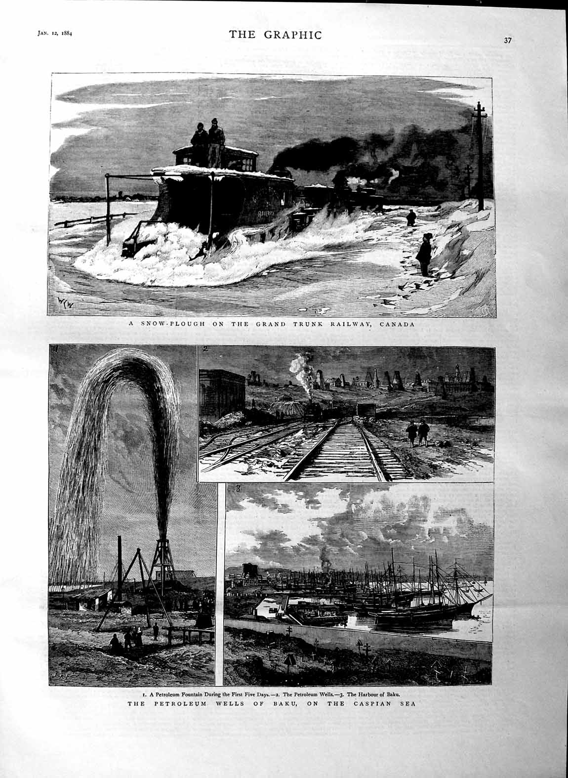 Original Old Antique Print 1884 Snow Plough Railway Canada Petroleum Wel 19th