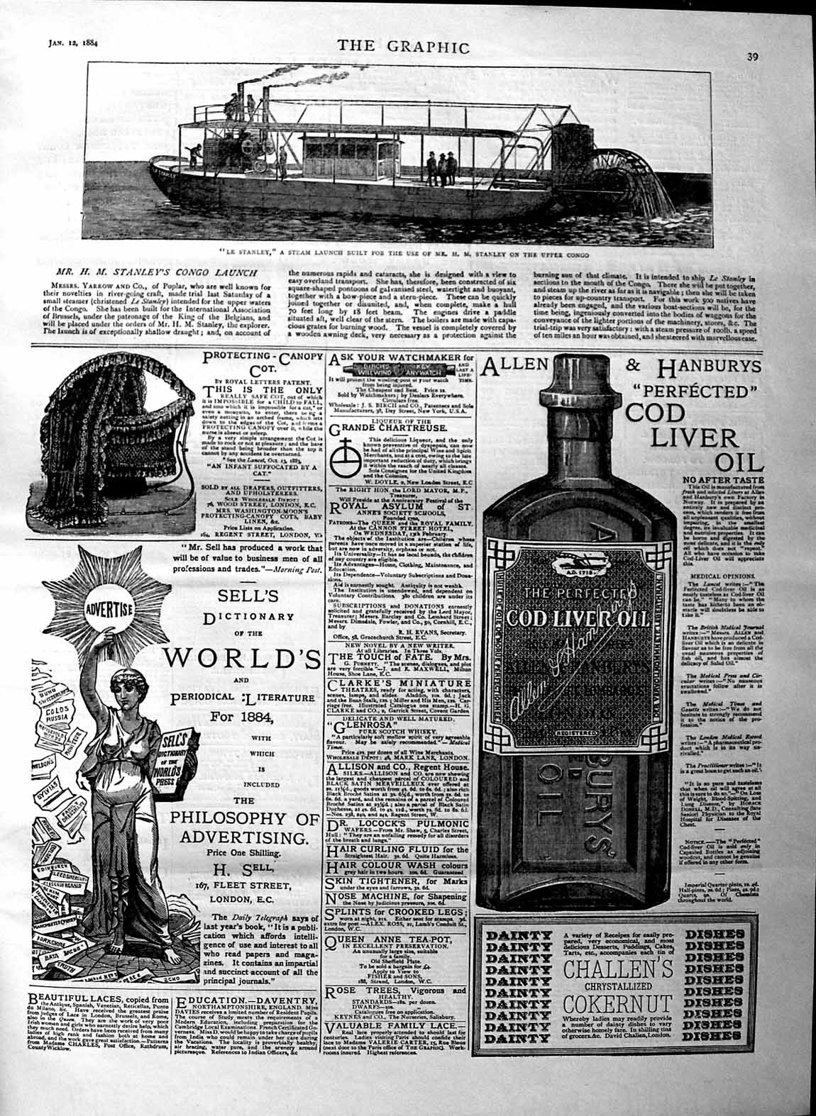Original Old Antique Print 1884 Le Stanley Steam Boat Congo Cod Liver Oil 19th