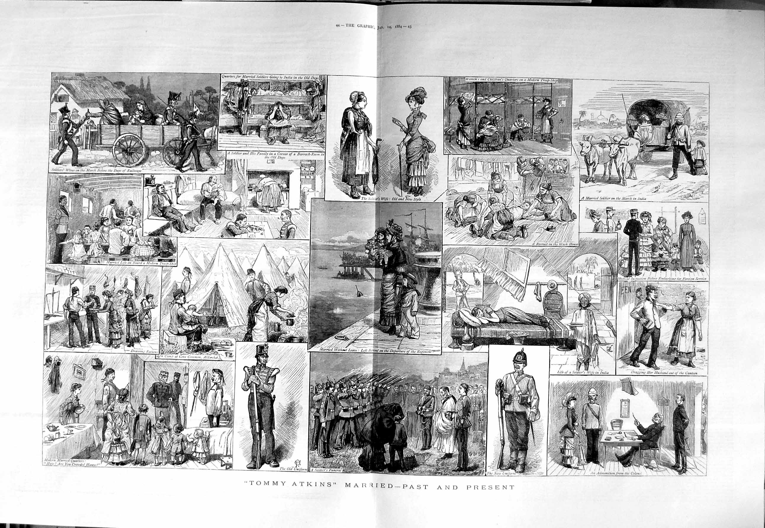 Original Old Antique Print 1884 Tommy Atkins Army Camp Si 19th Century
