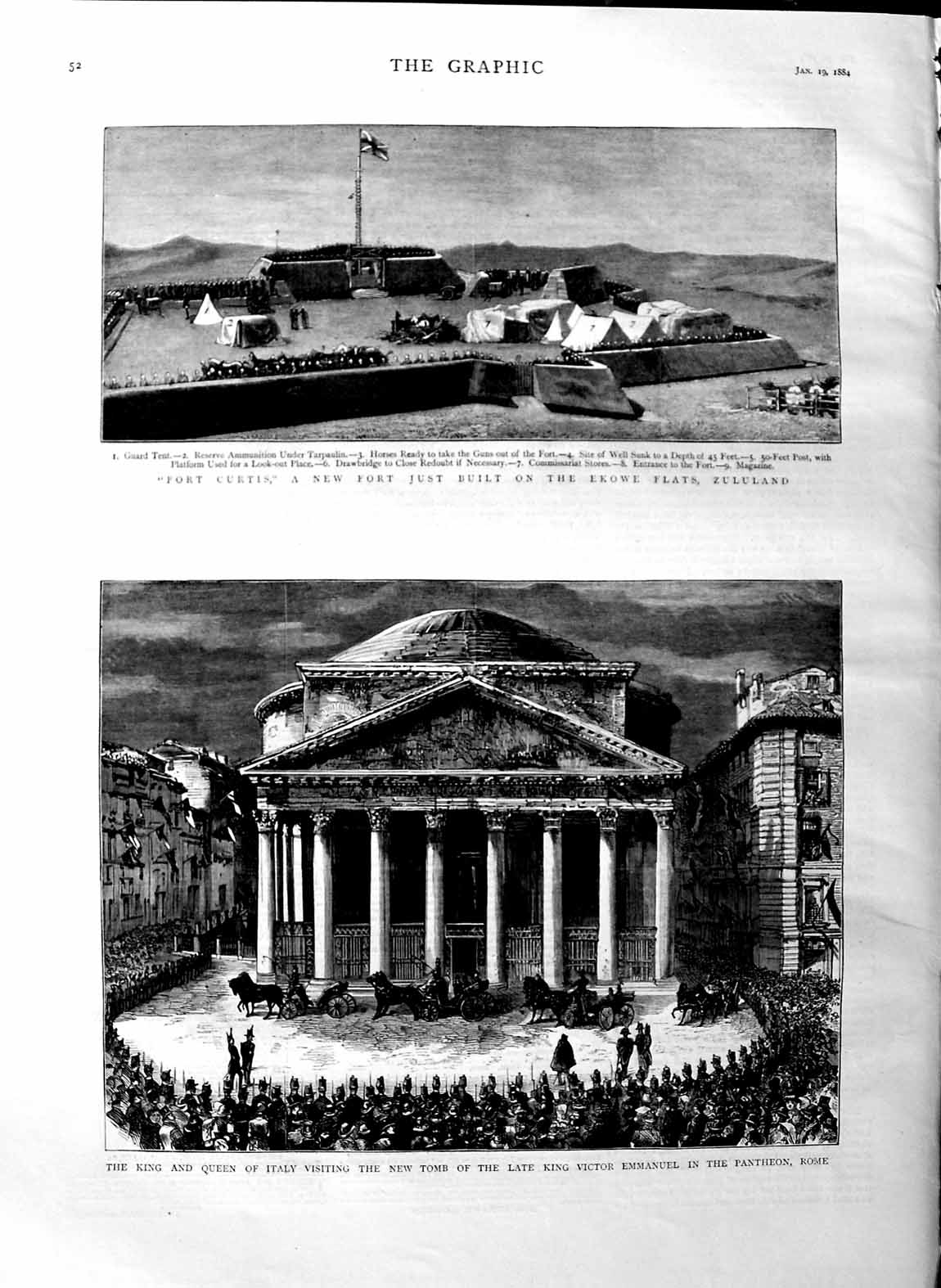 Old Antique Print 1884 King Italy Tomb Emmanuel Pantheon Rome Fort Curtis 19th
